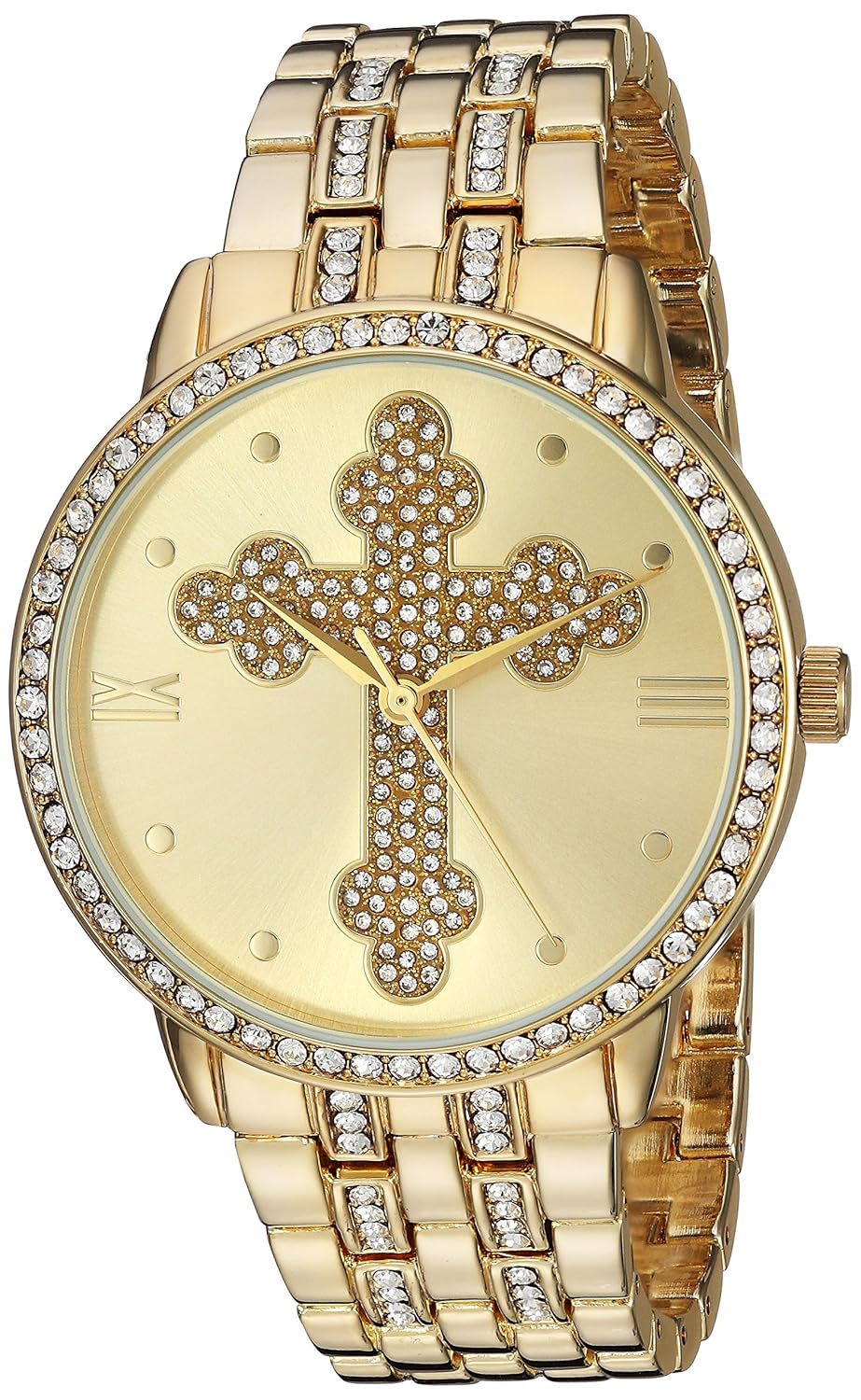 ewatchfactory ew 男式十字宗教石英金属不锈钢休闲手表,颜色:金色调